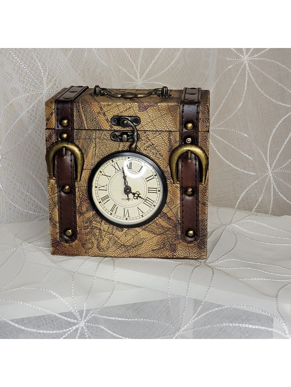 Vintage Wooden Box with Quartz Clock Leather Straps Rustic Colonial World Map